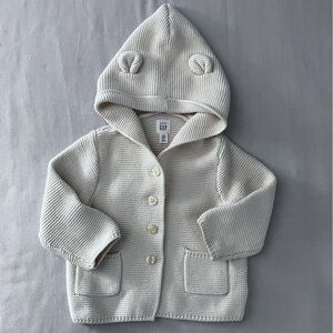 Baby GAP Cotton Knit Hooded Sweater Teddy Bear Ears 12 - 18 mo Cream